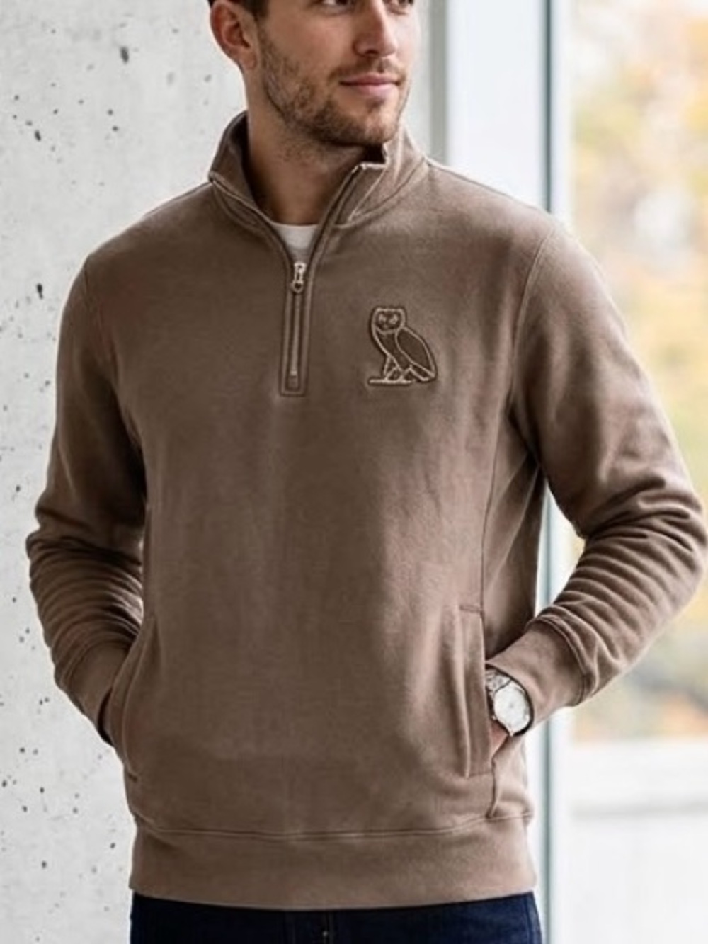 October’s Very Own OVO Embroidered Owl Quarter-Zip Sweatshirt - Brown